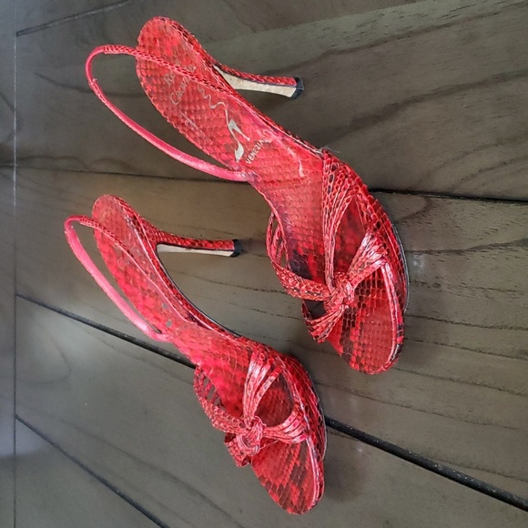 Rene Caovilla Shoes - René Caovilla Snakeskin Slingback Heel Sandals, Red, 39EU (9US)